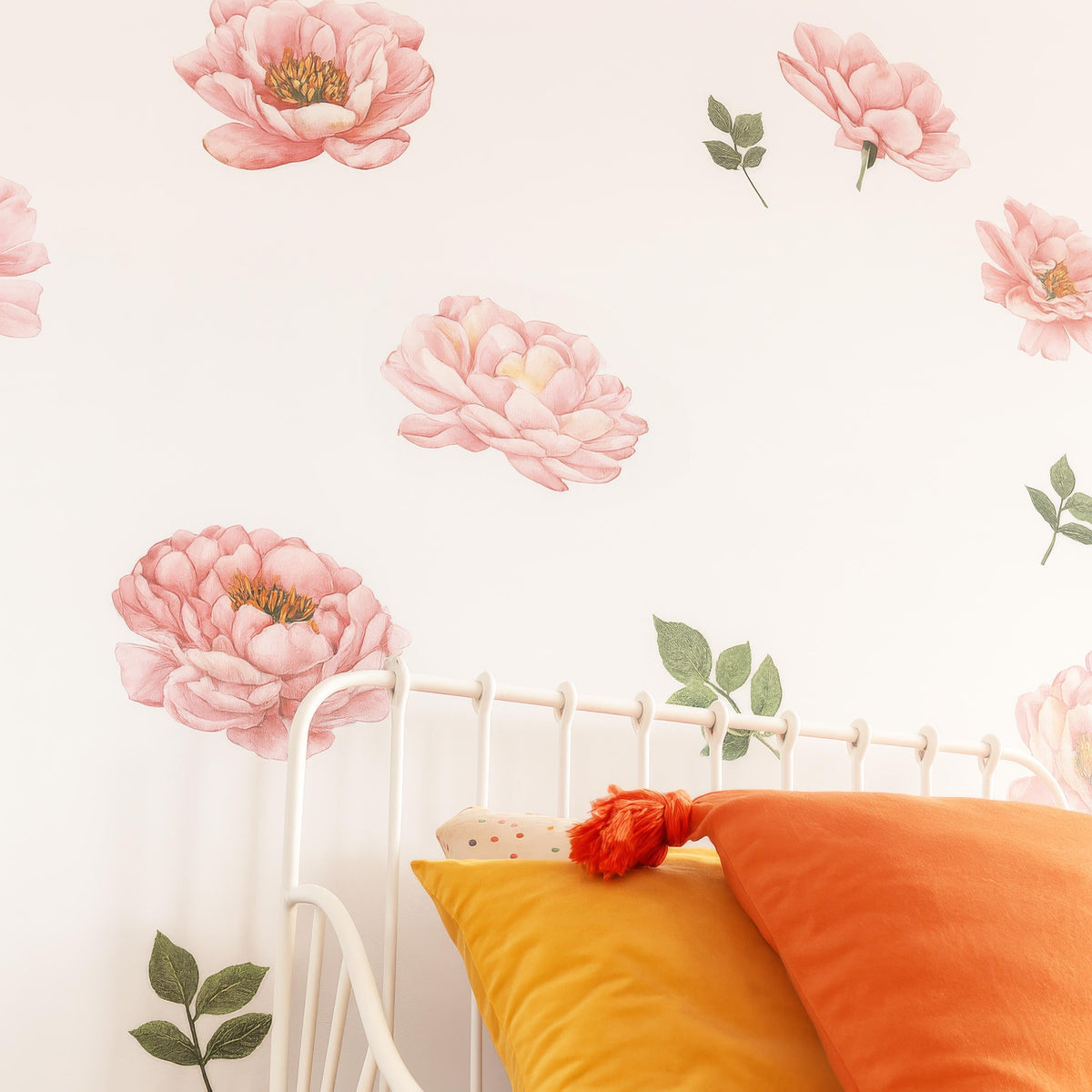 Pink Peony Wall Decals installed on a styled nursery wall