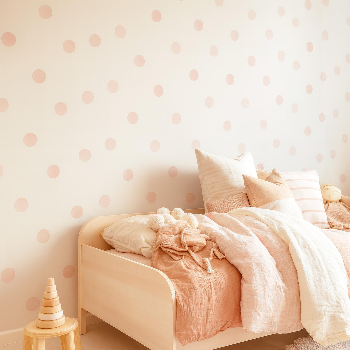 Pink Watercolor Polka Dot Wall Decals (2 Inch Dots) displayed in a styled space