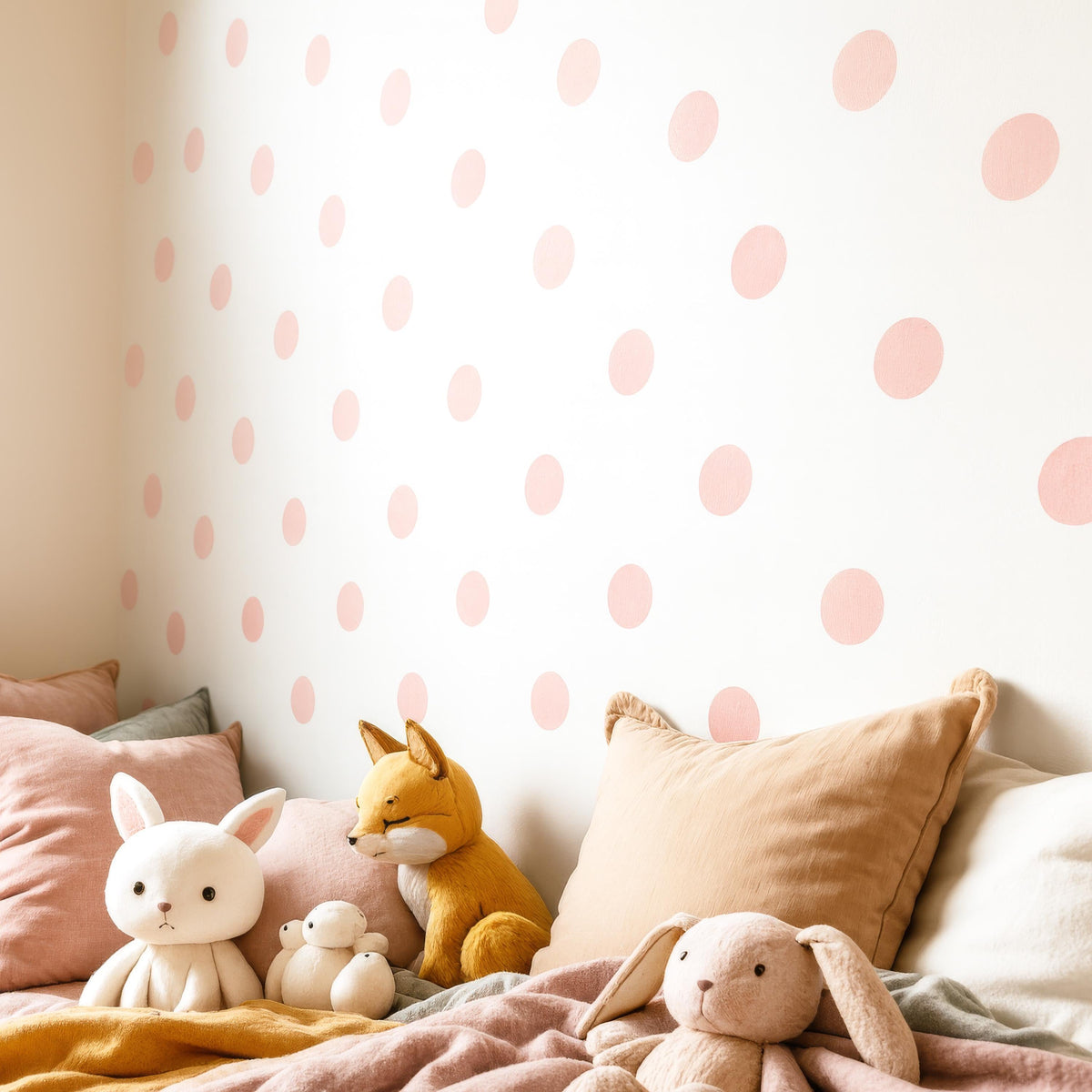 Pink Watercolor Polka Dot Wall Decals (2 Inch Dots) arranged on a feature wall