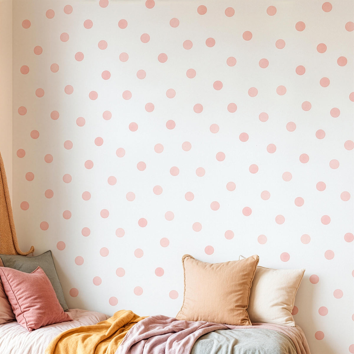 Pink Watercolor Polka Dot Wall Decals (2 Inch Dots) styled in a room setting