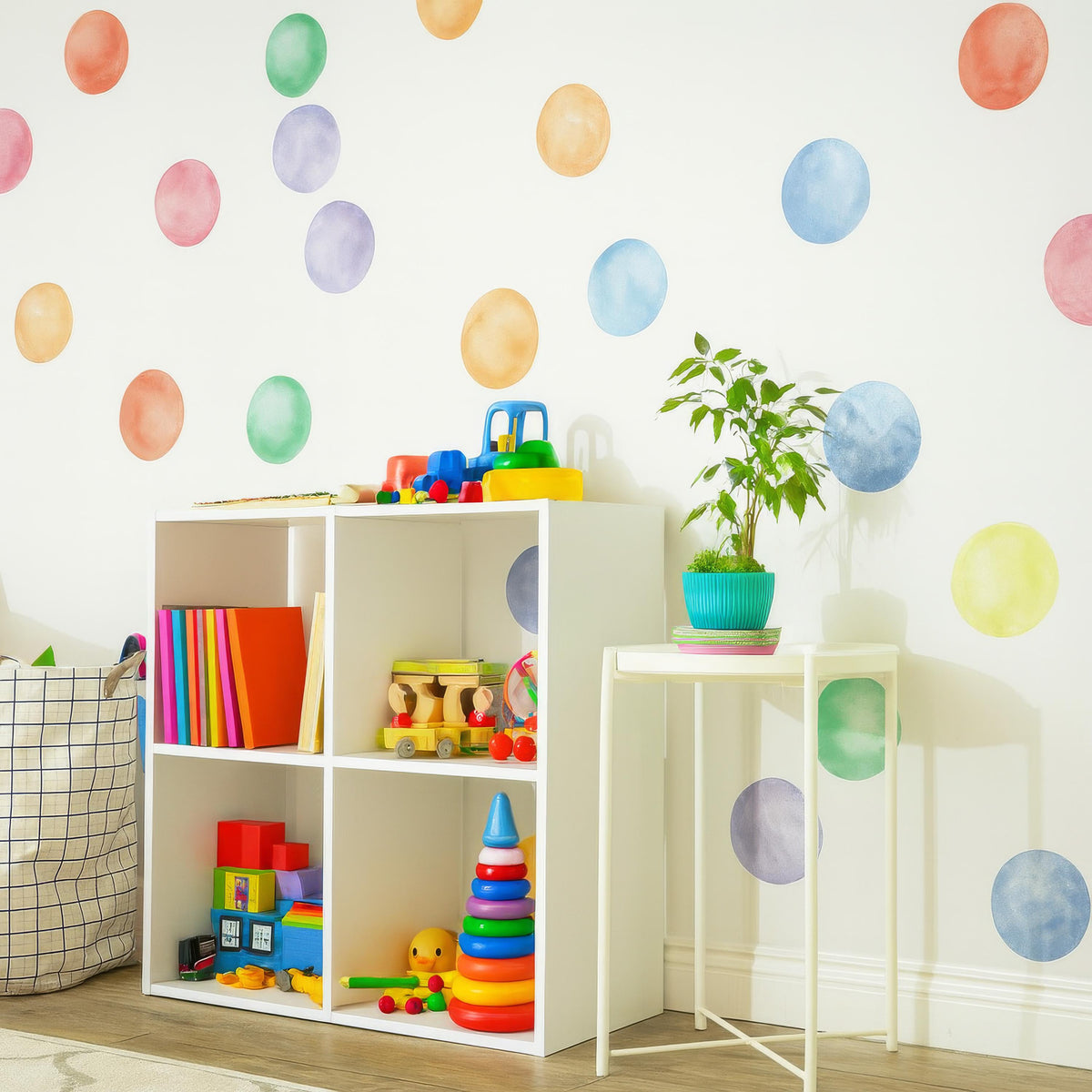 Rainbow Watercolor Polka Dot Wall Decals (3 Inch Dots) decal sheet flat-lay