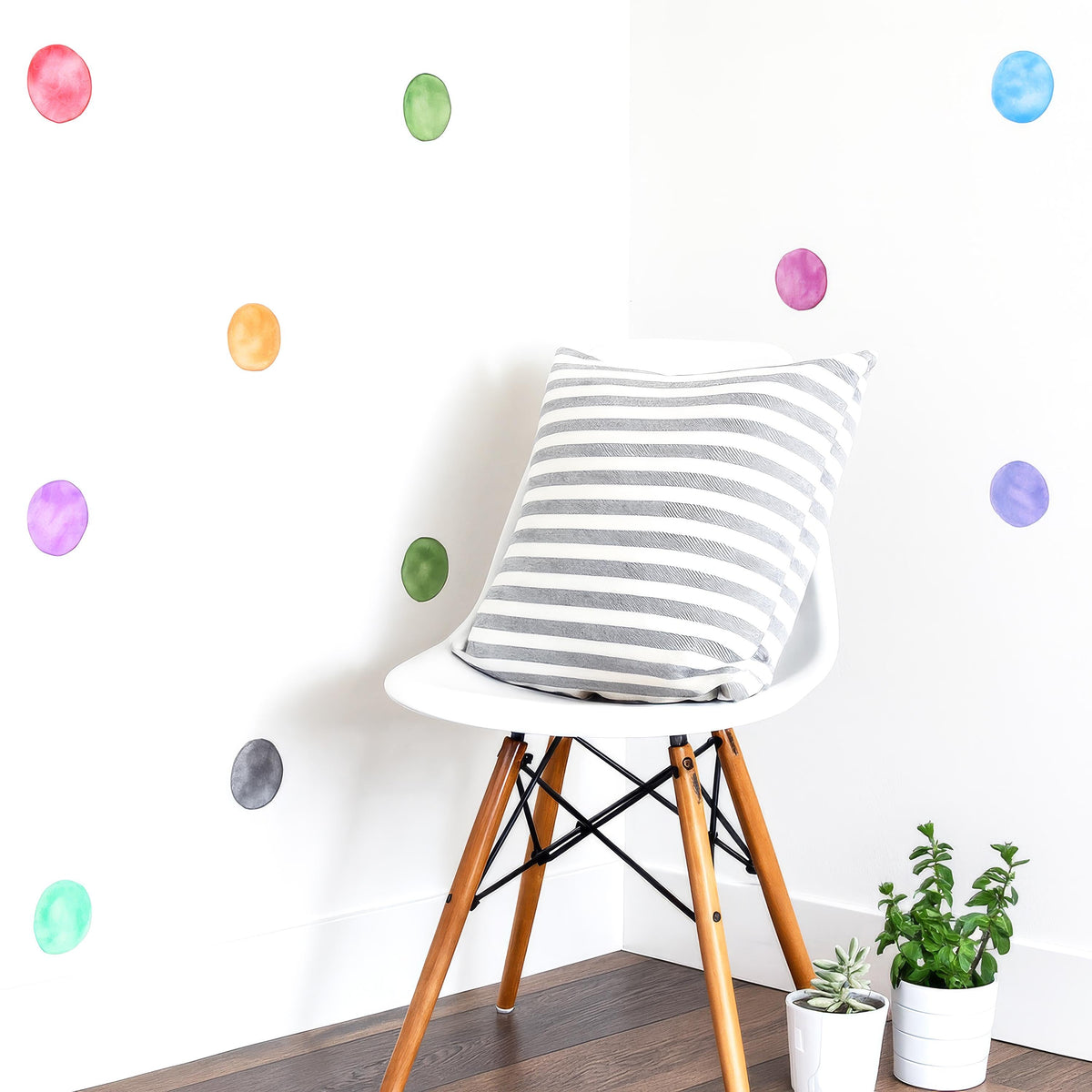 Rainbow Watercolor Polka Dot Wall Decals (3 Inch Dots) installed on a styled nursery wall