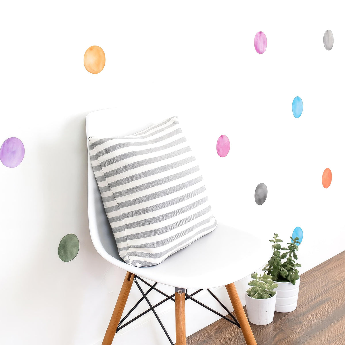 Rainbow Watercolor Polka Dot Wall Decals (3 Inch Dots) shown in a home interior