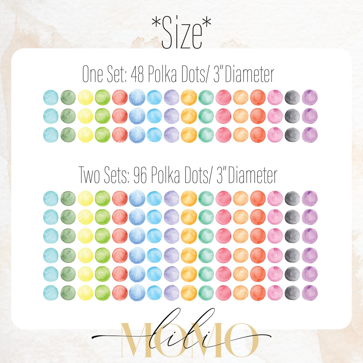 Close-up detail of rainbow watercolor polka dot wall decals (3 inch dots) matte vinyl finish