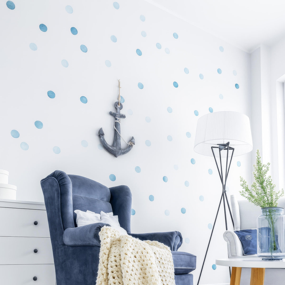 Blue Watercolor Polka Dot Wall Decals arranged on a feature wall