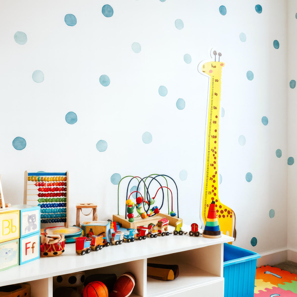 Blue Watercolor Polka Dot Wall Decals shown in a home interior