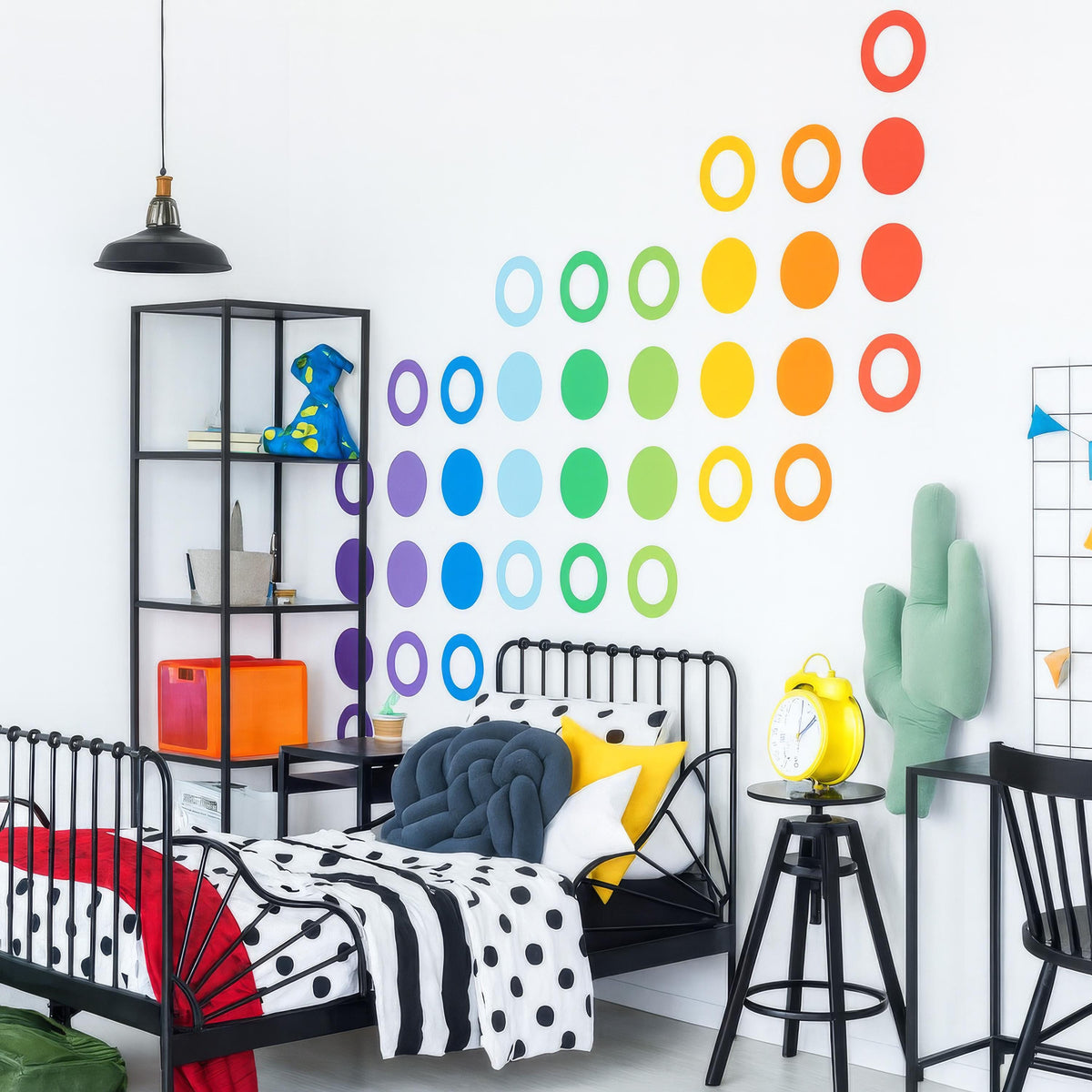 Large Polka Dot Wall Decals 7 Inch (36 Dots) styled in a room setting