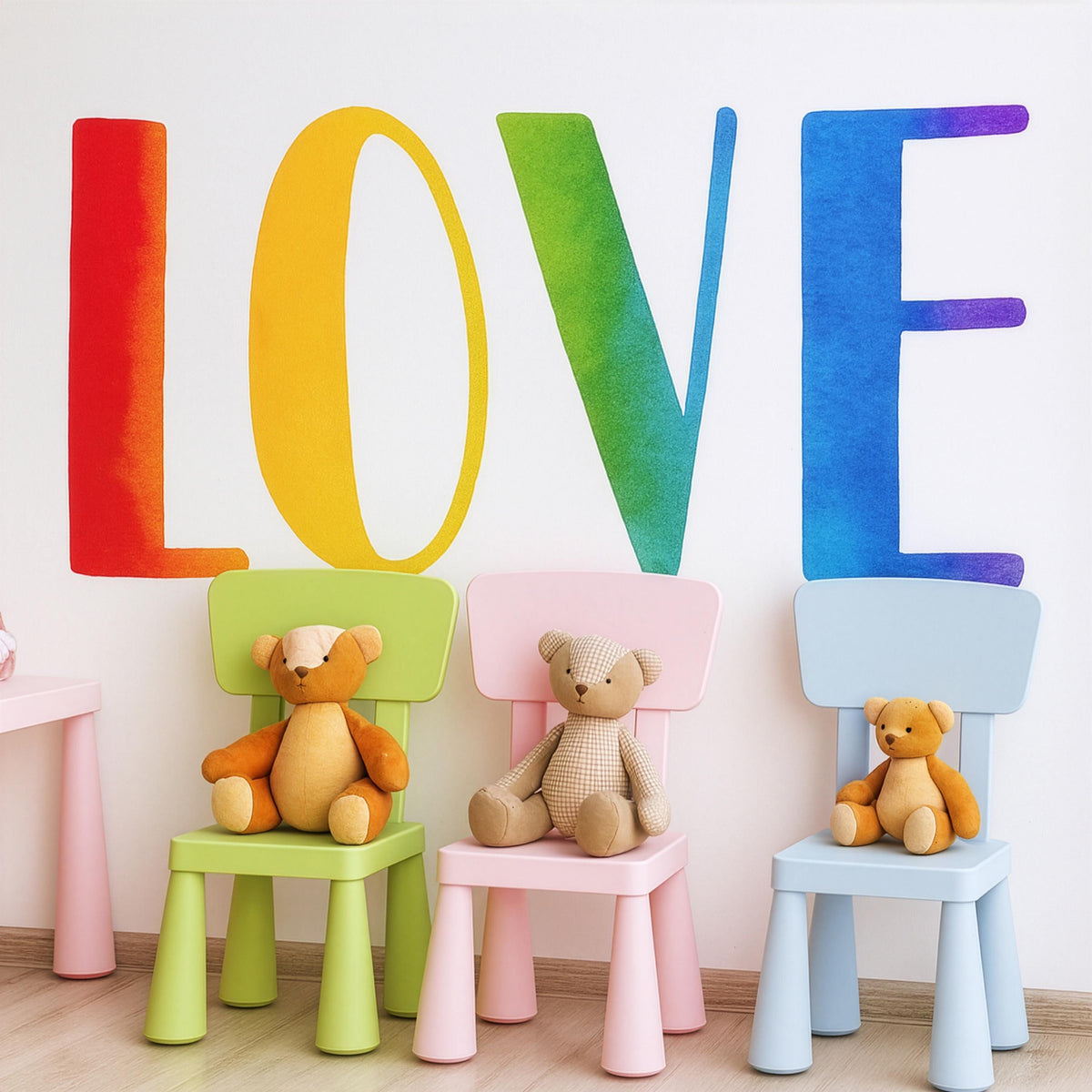 Rainbow LOVE Wall Decal arranged on a feature wall