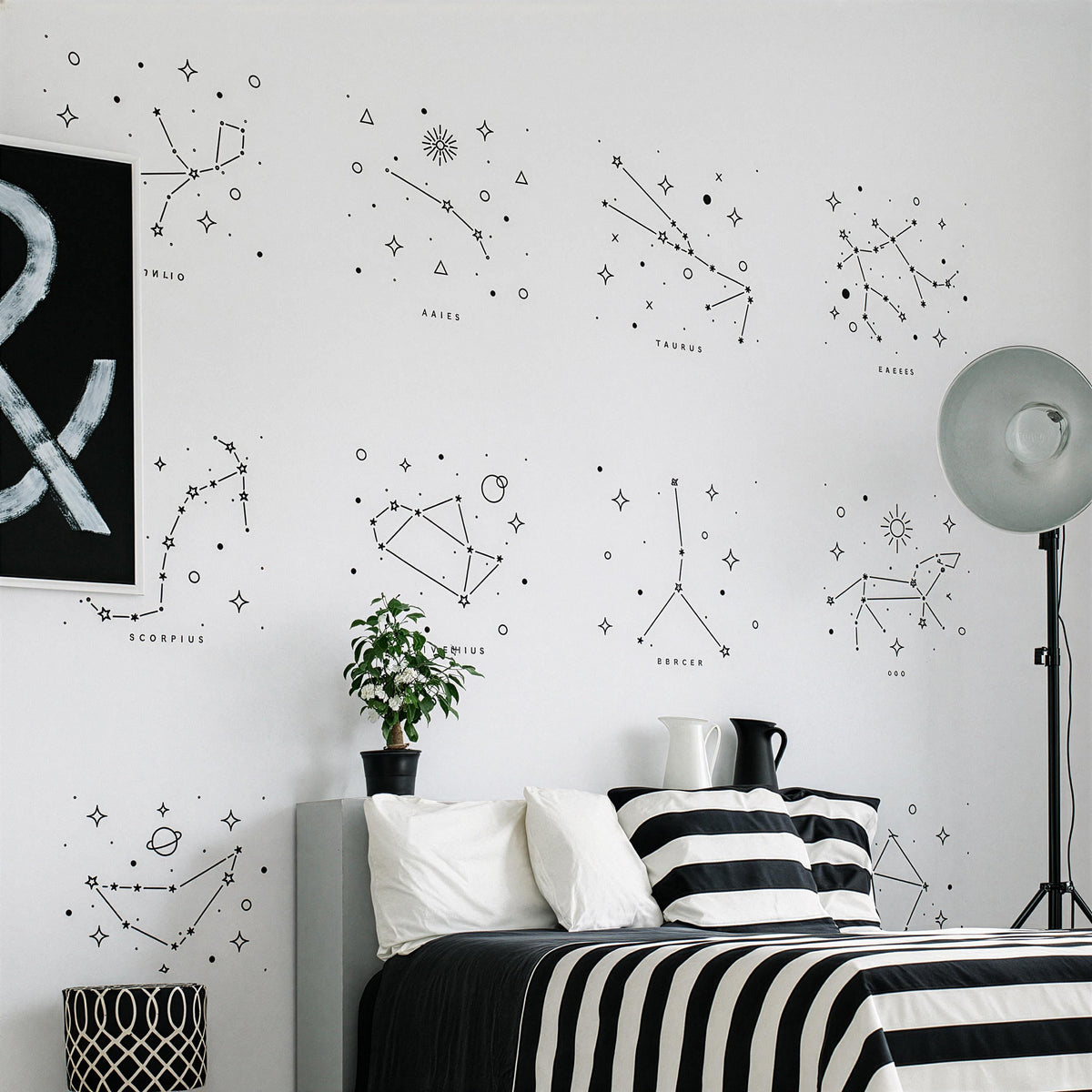 12 Zodiac Constellations Wall Decals Set arranged on a feature wall