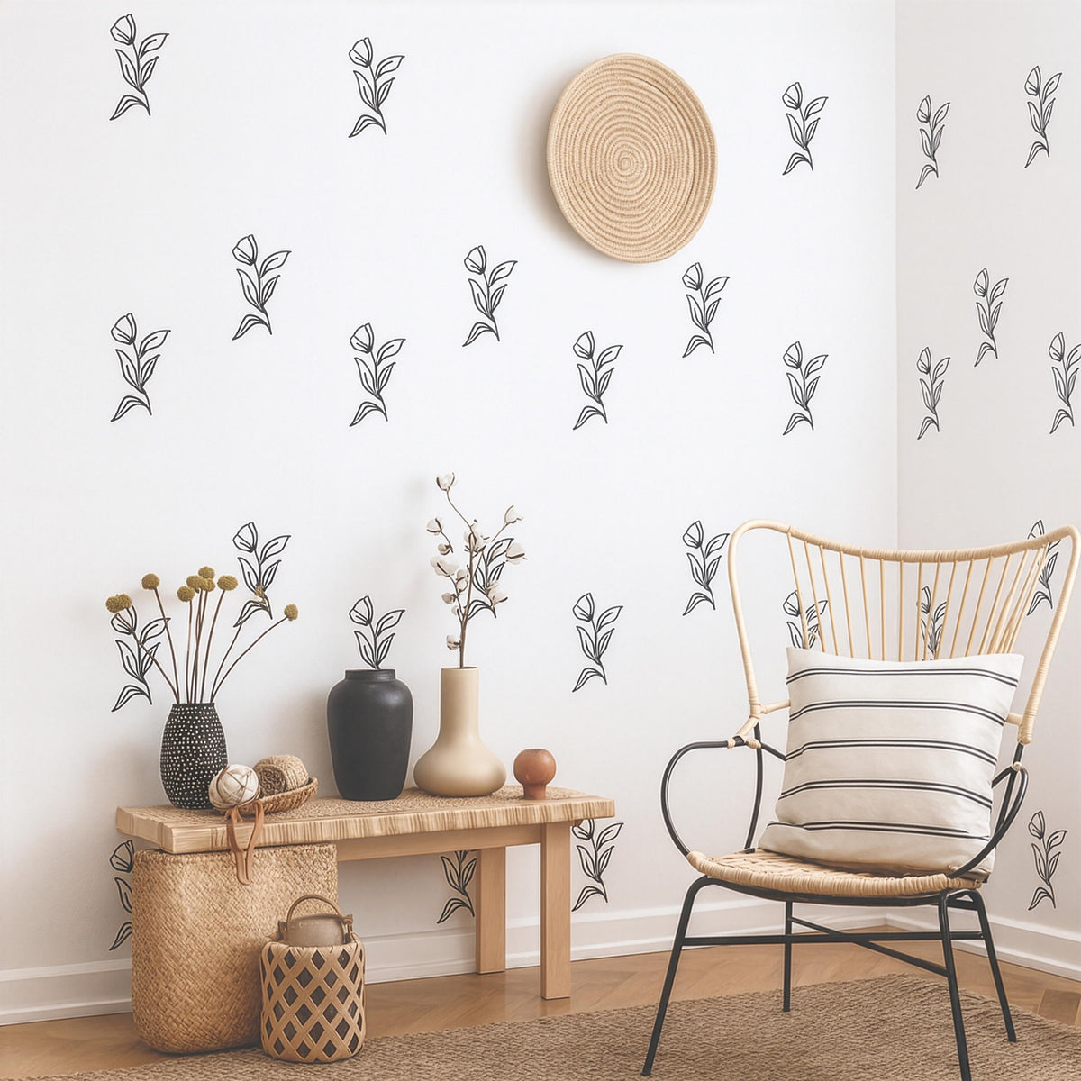 Floral Wall Decals Set arranged on a feature wall
