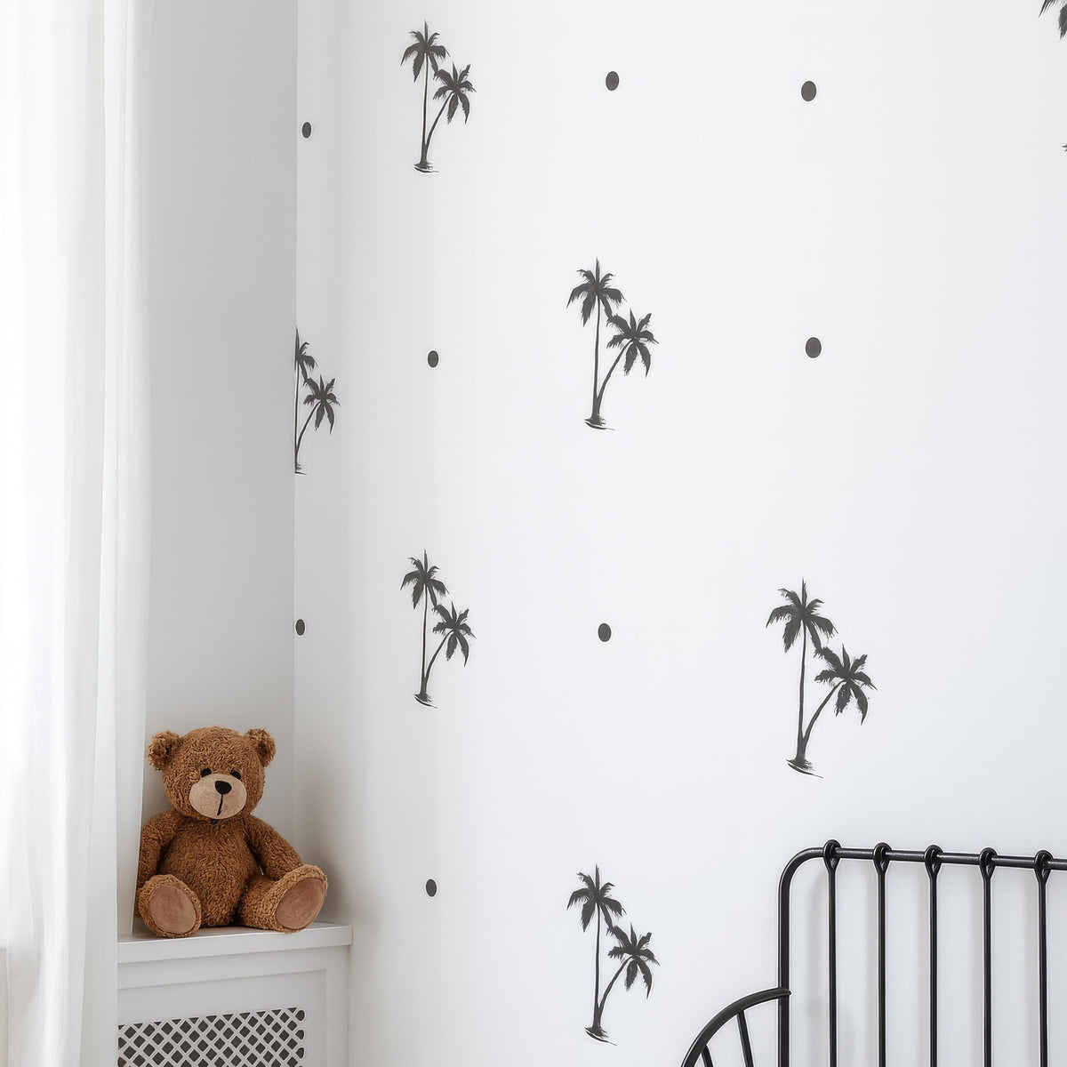 Palm Tree Wall Decals Set (20 Trees + Dots) arranged on a feature wall