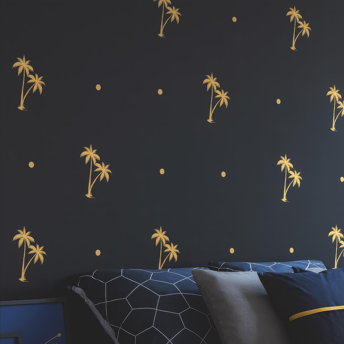 Palm Tree Wall Decals Set (20 Trees + Dots) installed on a styled nursery wall