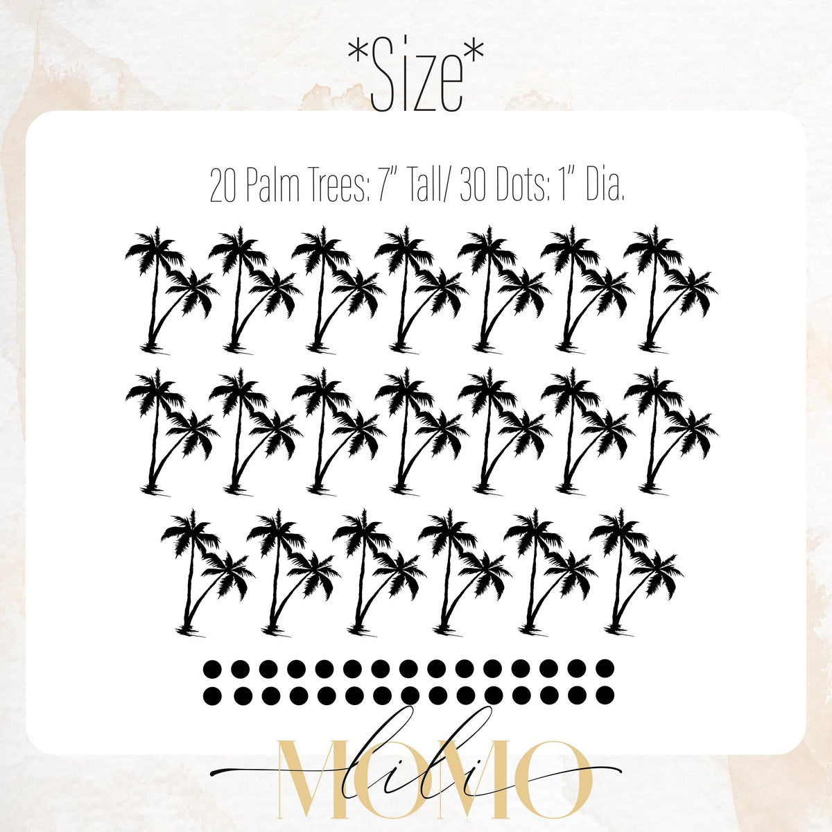Close-up detail of palm tree wall decals set (20 trees + dots) matte vinyl finish