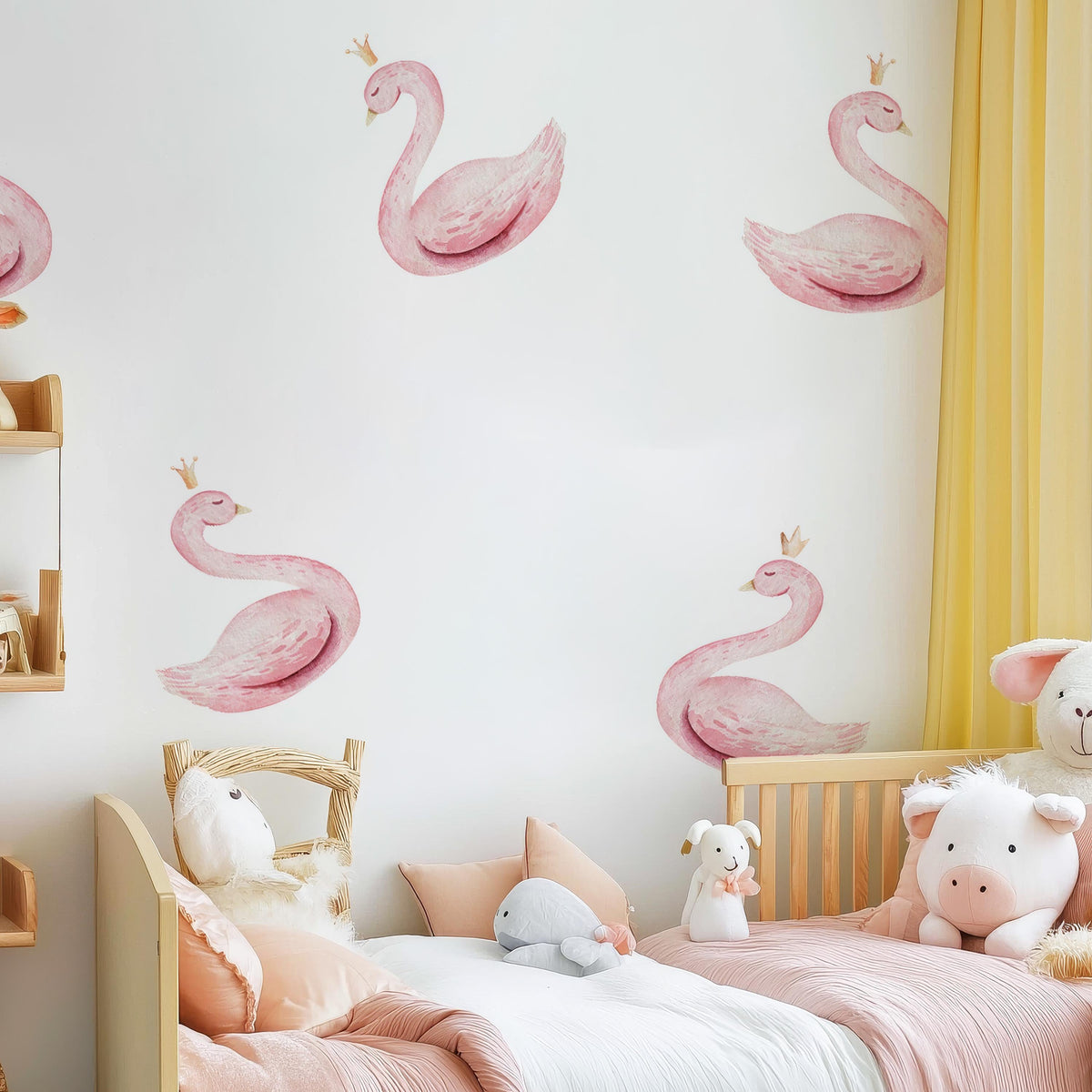 Pink Swan Wall Decals arranged on a feature wall