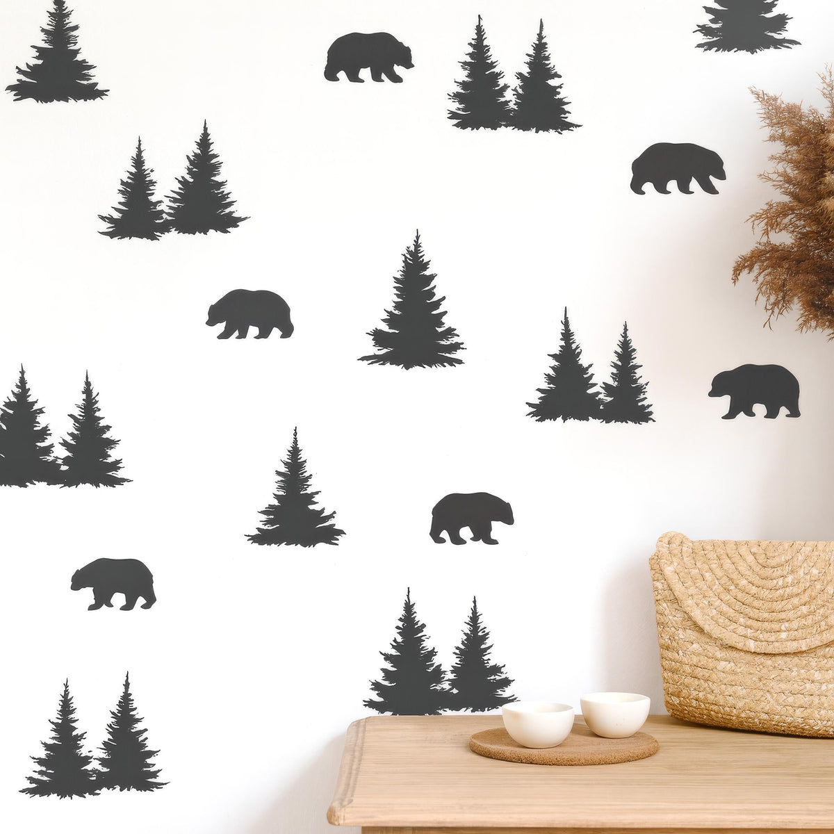 Woodland Bears & Pine Trees Wall Decals shown in a home interior