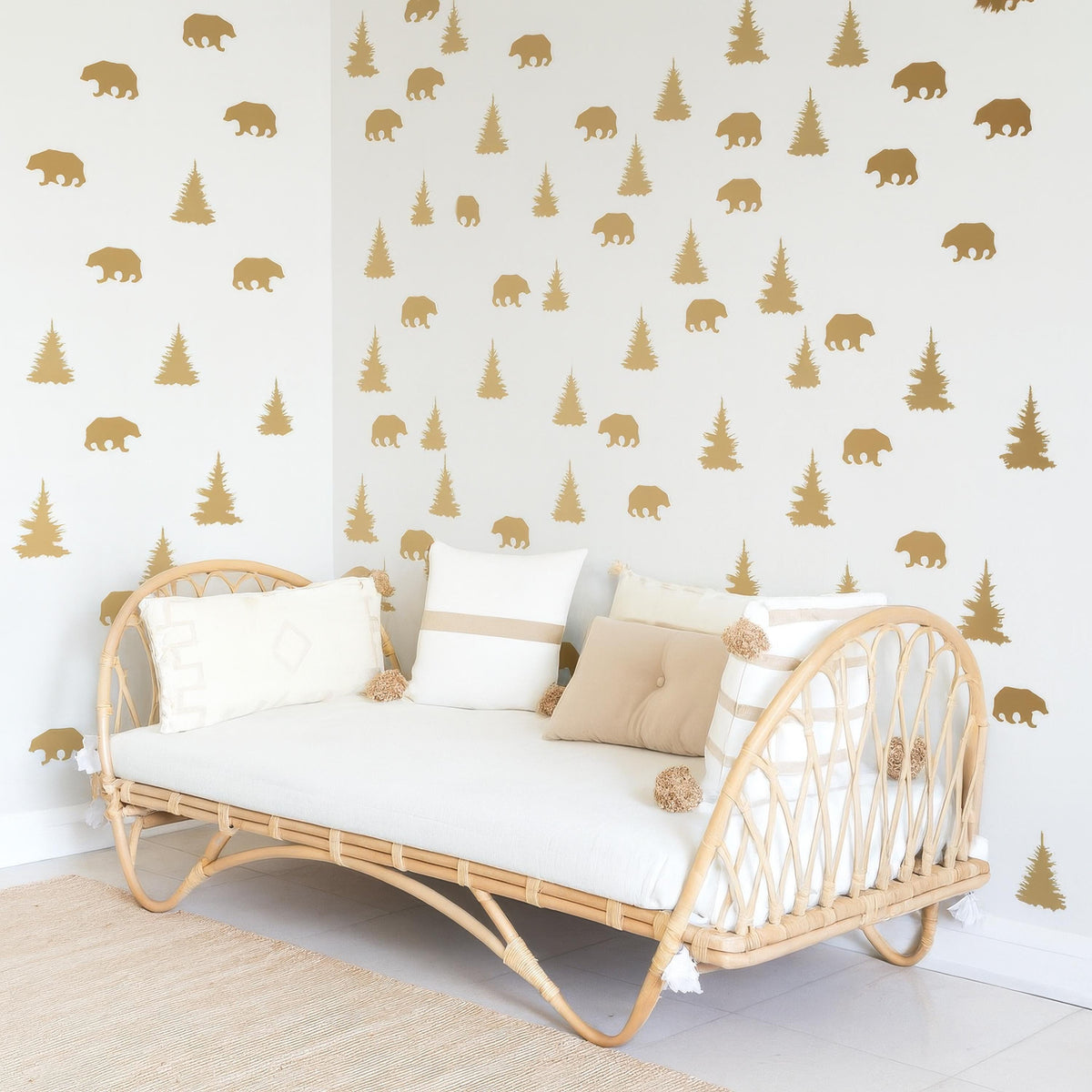 Woodland Bears & Pine Trees Wall Decals arranged on a feature wall