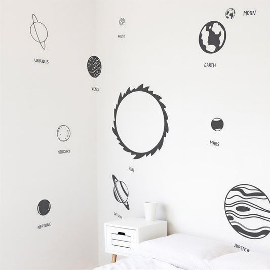 Solar System Wall Decal Set (Sun + Planets + Labels) installed on a styled nursery wall