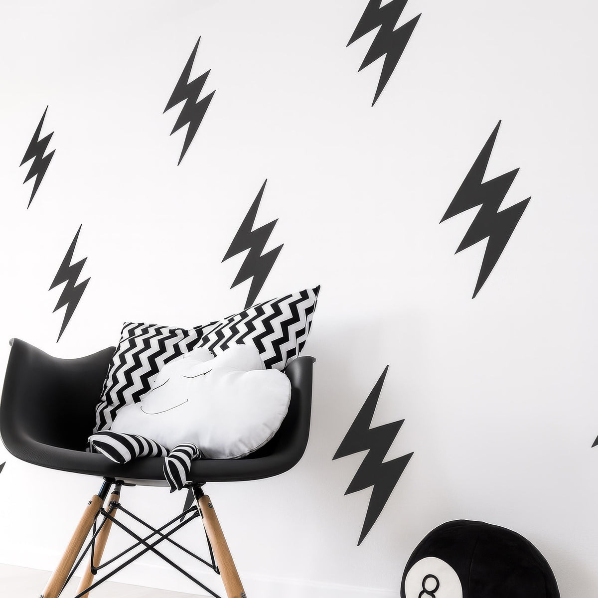 Lightning Bolt Wall Decals Set (32 pcs) arranged on a feature wall