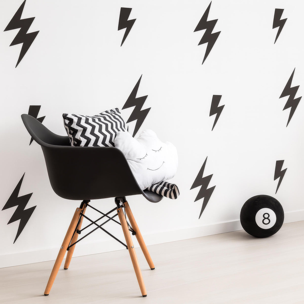 Lightning Bolt Wall Decals Set (32 pcs) displayed in a styled space