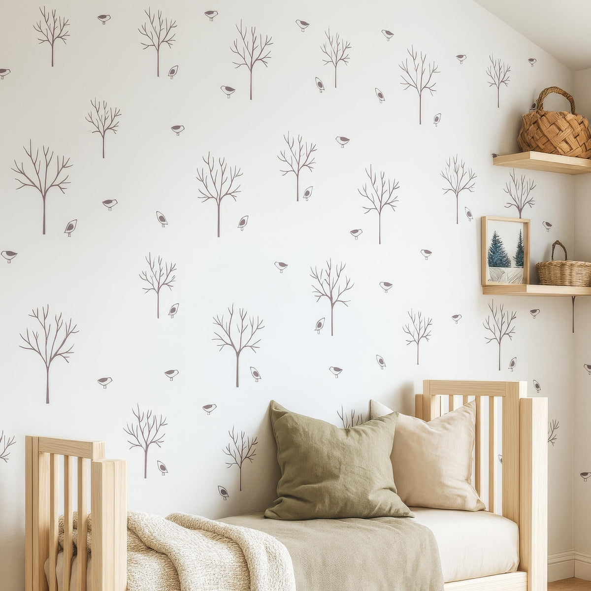 Modern Forest Tree Wall Decals with Birds shown in a home interior