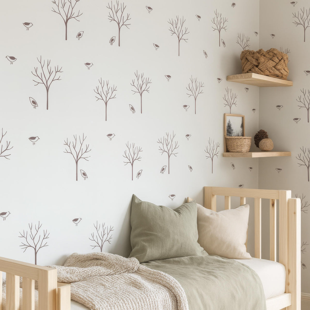 Modern Forest Tree Wall Decals with Birds styled in a room setting