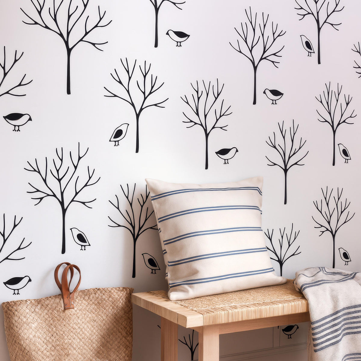 Modern Forest Tree Wall Decals with Birds decal sheet flat-lay