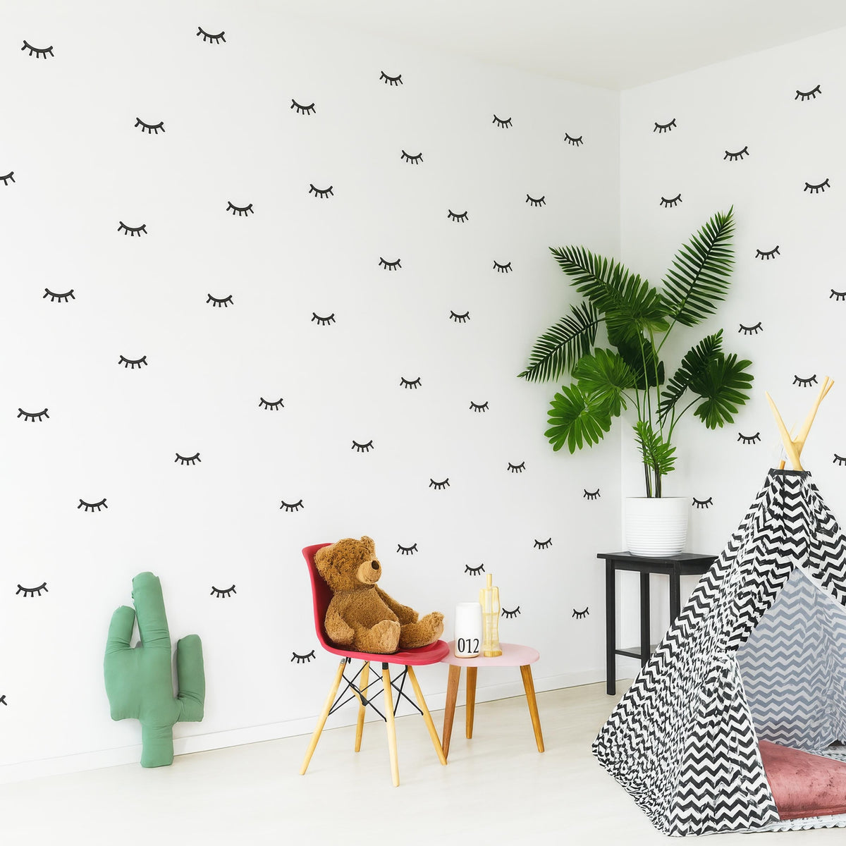 Eyelash Wall Decals Set (70 or 140) styled in a room setting