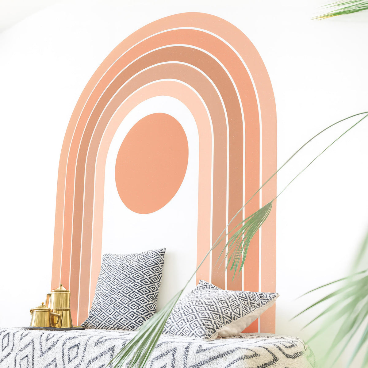 Boho Rainbow Wall Decal with Sun installed on a styled nursery wall
