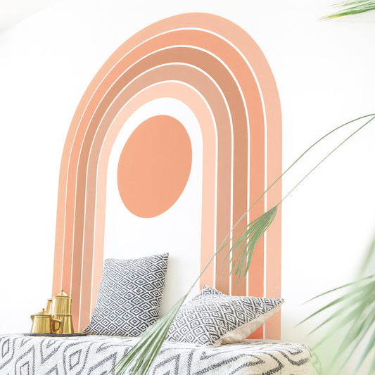 Boho Rainbow Wall Decal with Sun installed on a styled nursery wall