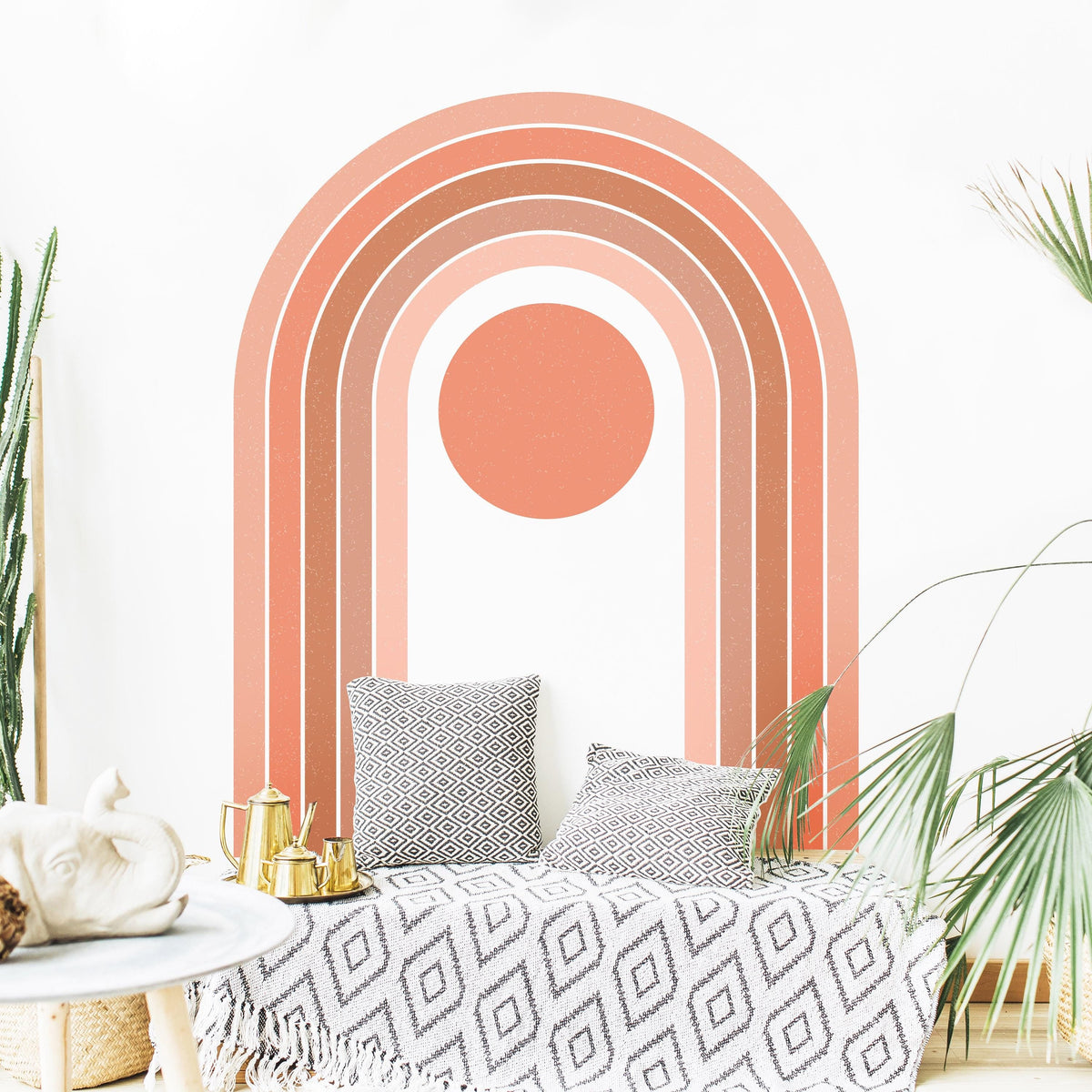 Boho Rainbow Wall Decal with Sun shown in a home interior