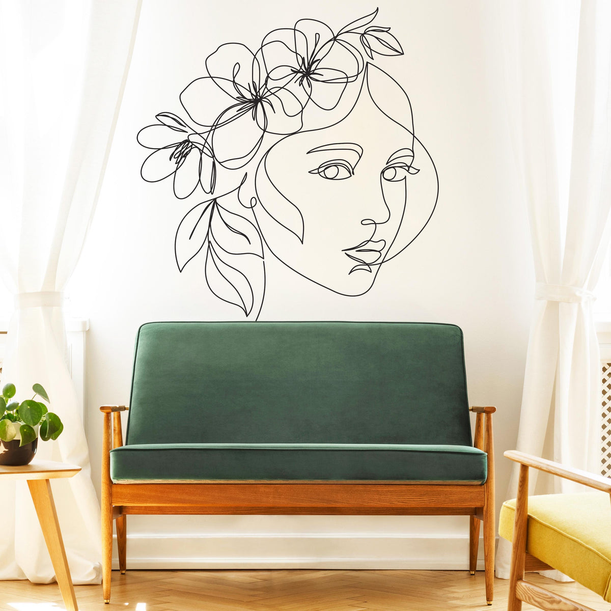 Large Minimalist Floral Face Line Art Wall Decal arranged on a feature wall