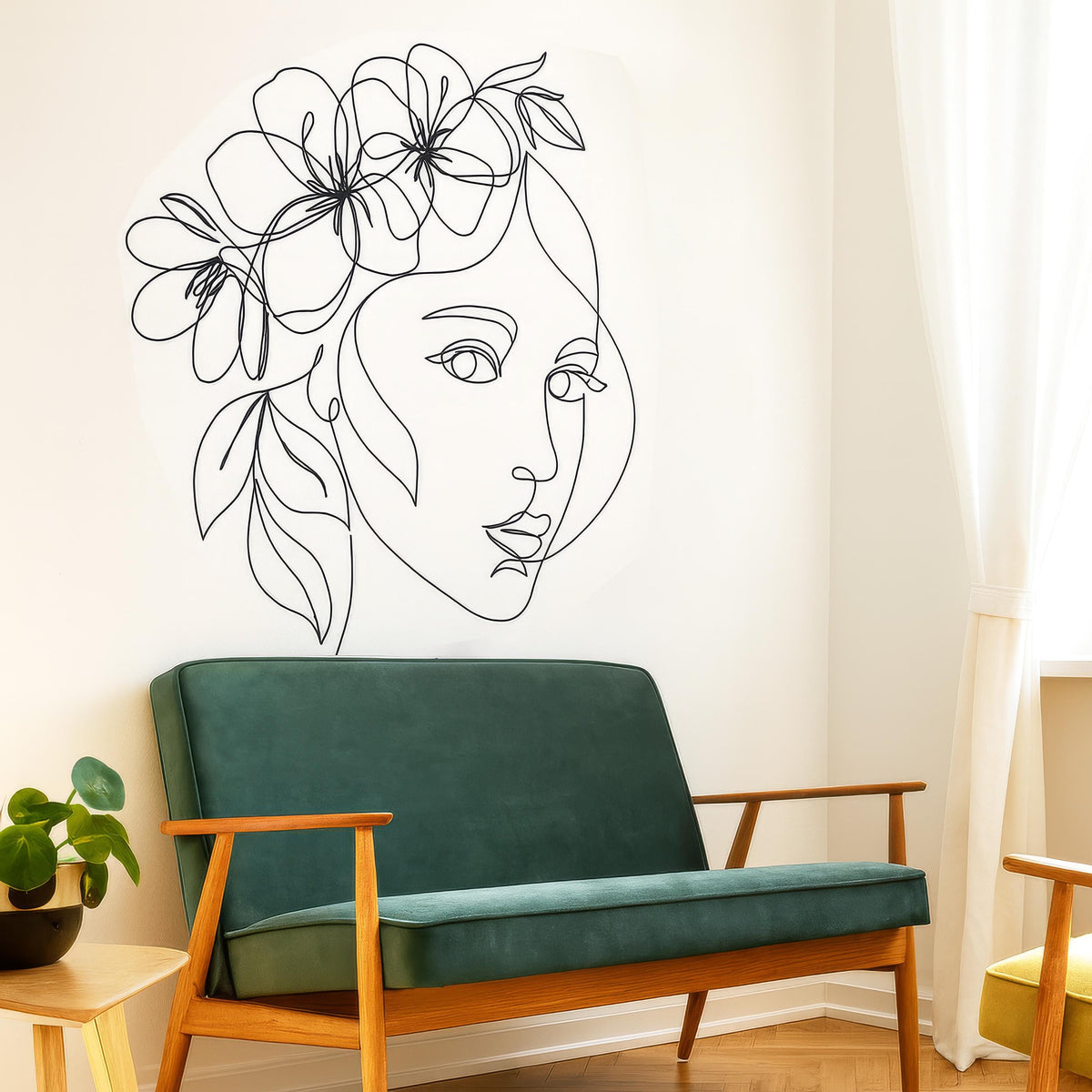 Large Minimalist Floral Face Line Art Wall Decal shown in a home interior