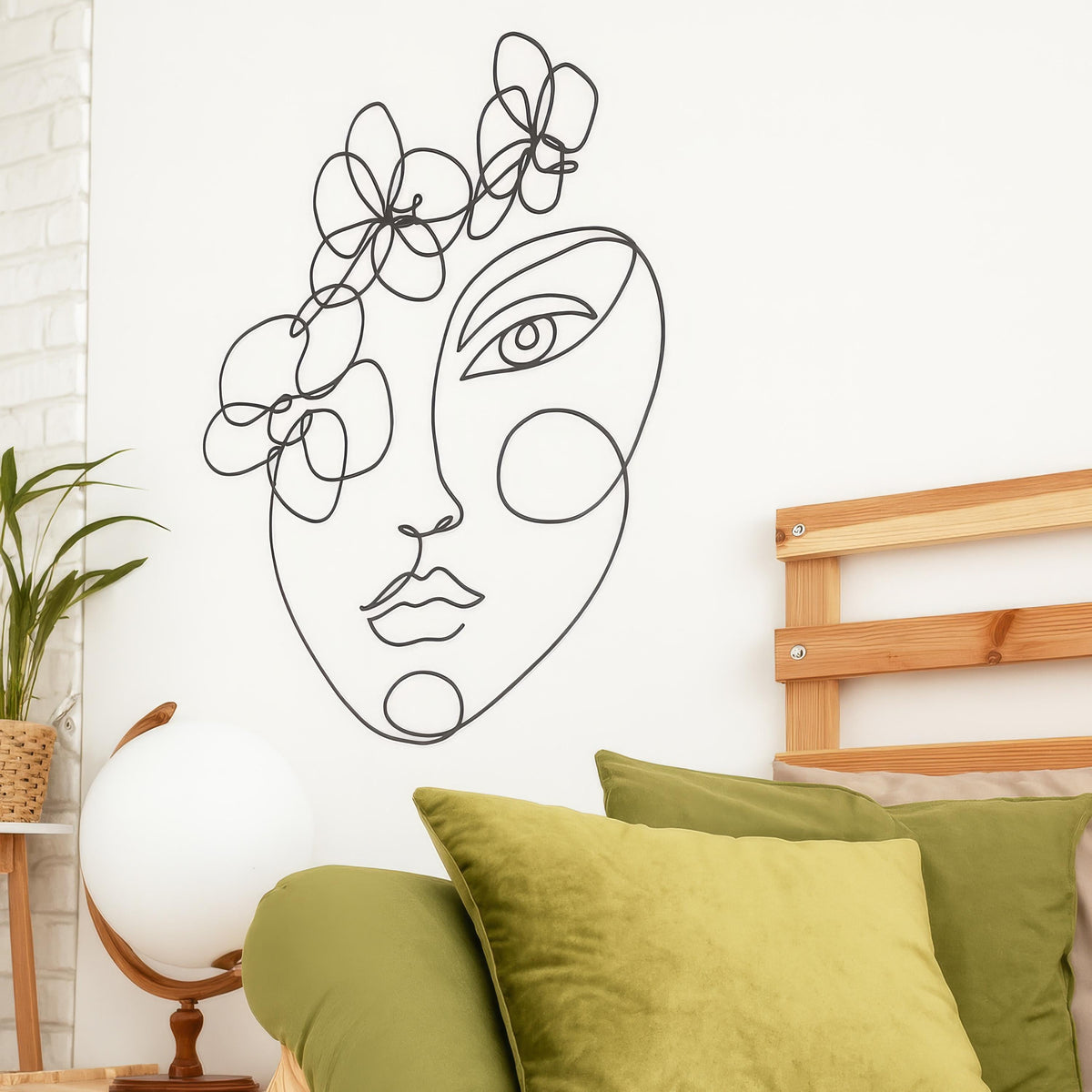 Boho Line Art Face Wall Decal displayed in a styled space