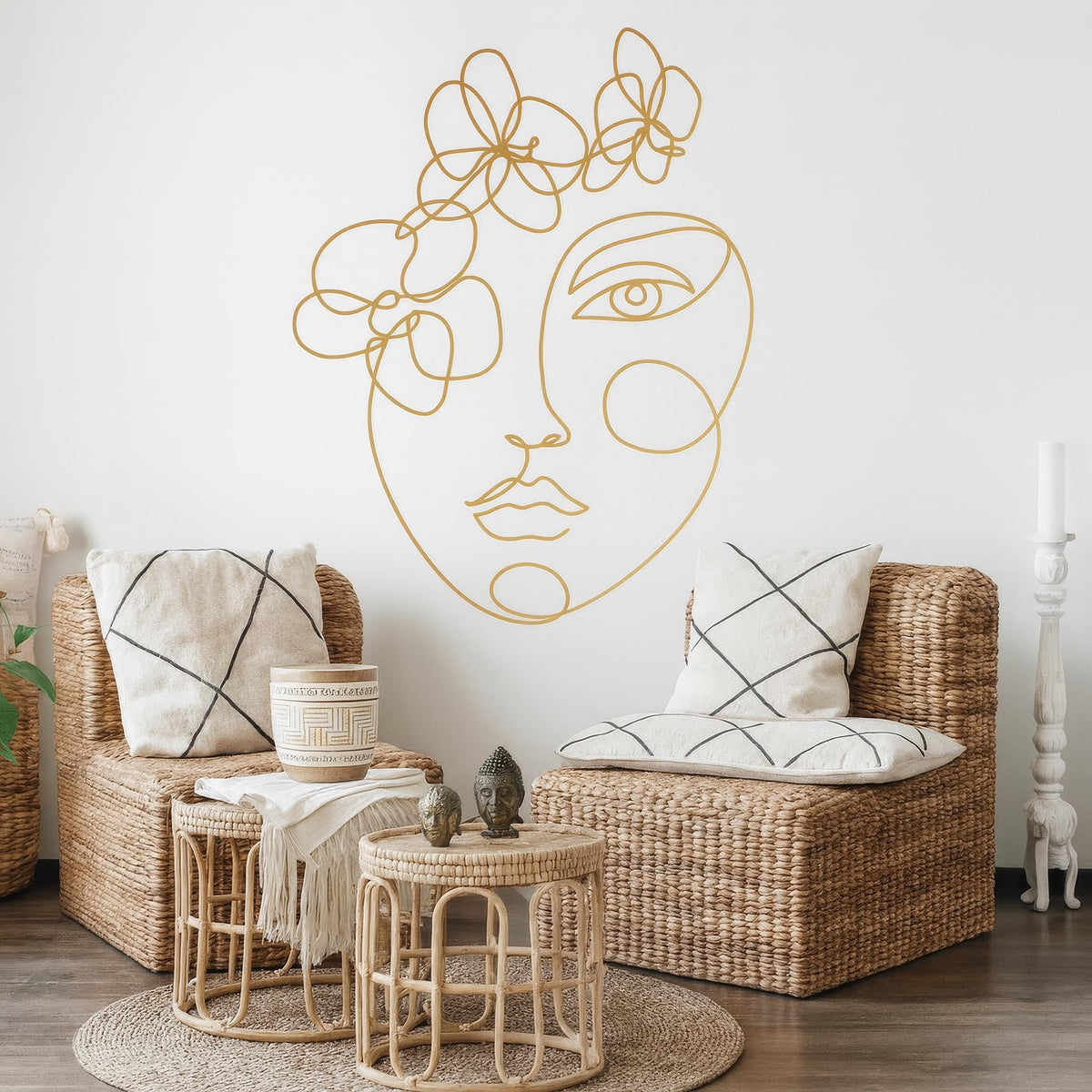 Boho Line Art Face Wall Decal styled in a room setting