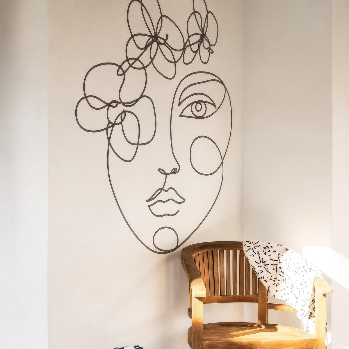 Boho Line Art Face Wall Decal installed on a styled wall