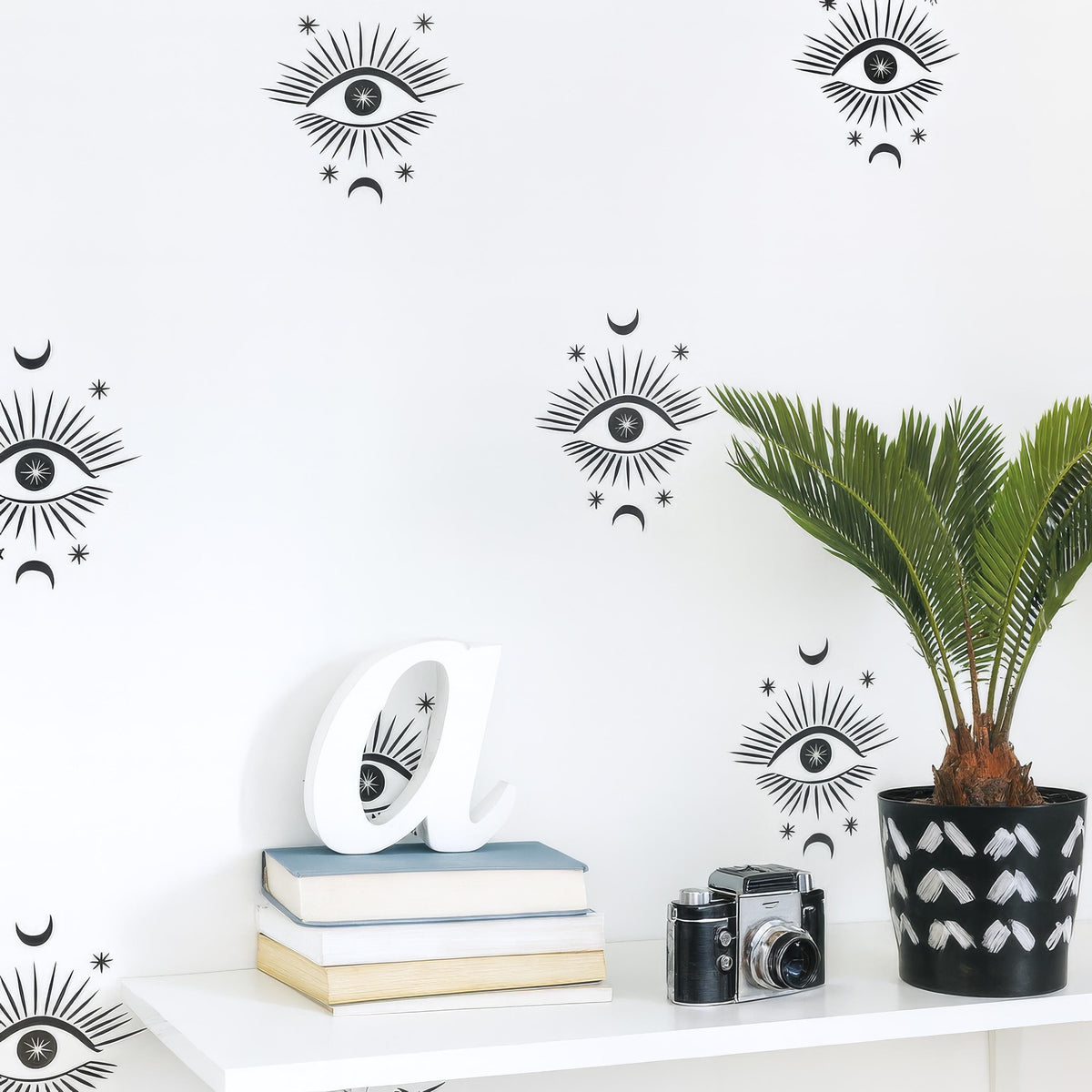 Boho Mystical Eye Wall Decals (30 or 60) styled in a room setting