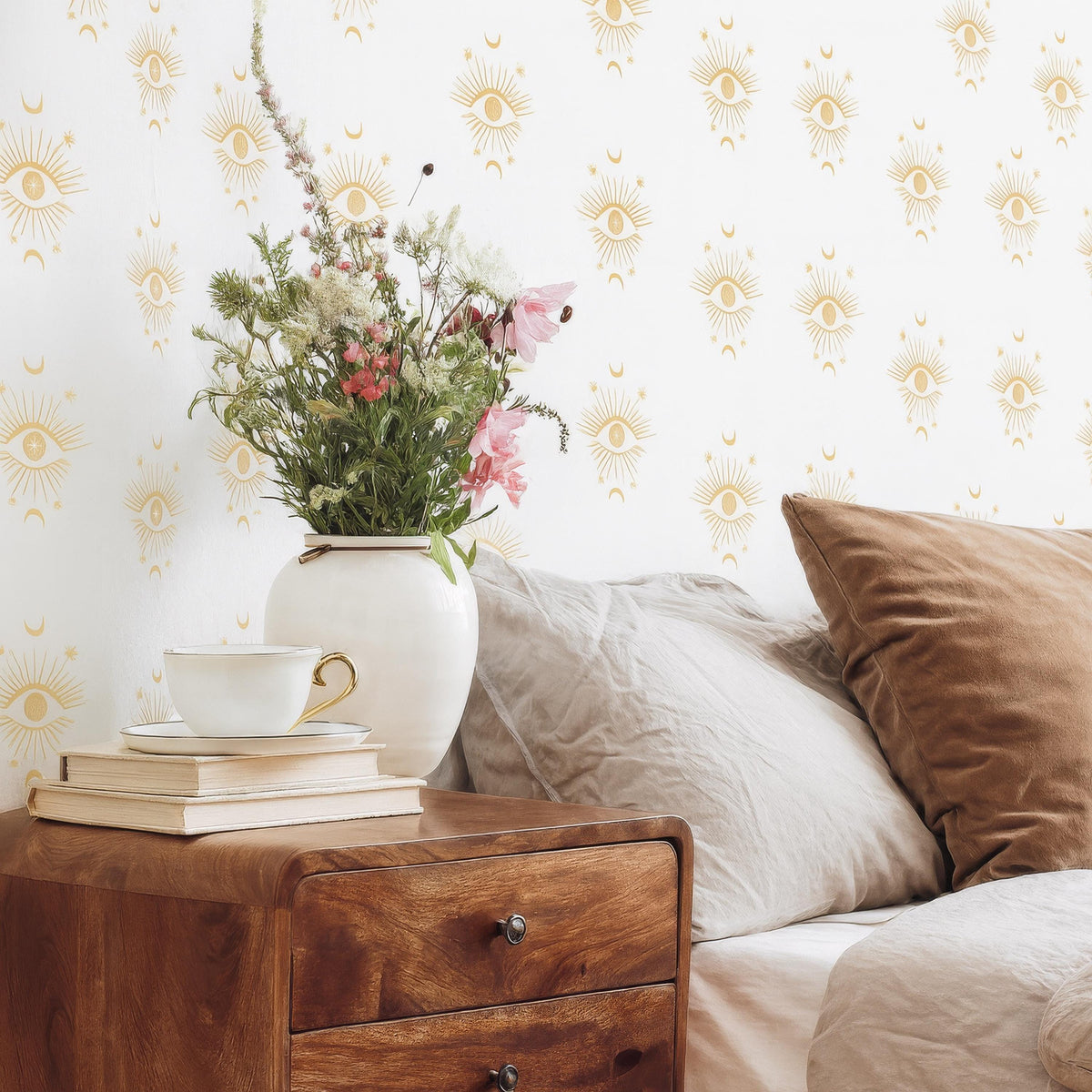 Boho Mystical Eye Wall Decals (30 or 60) displayed in a styled space