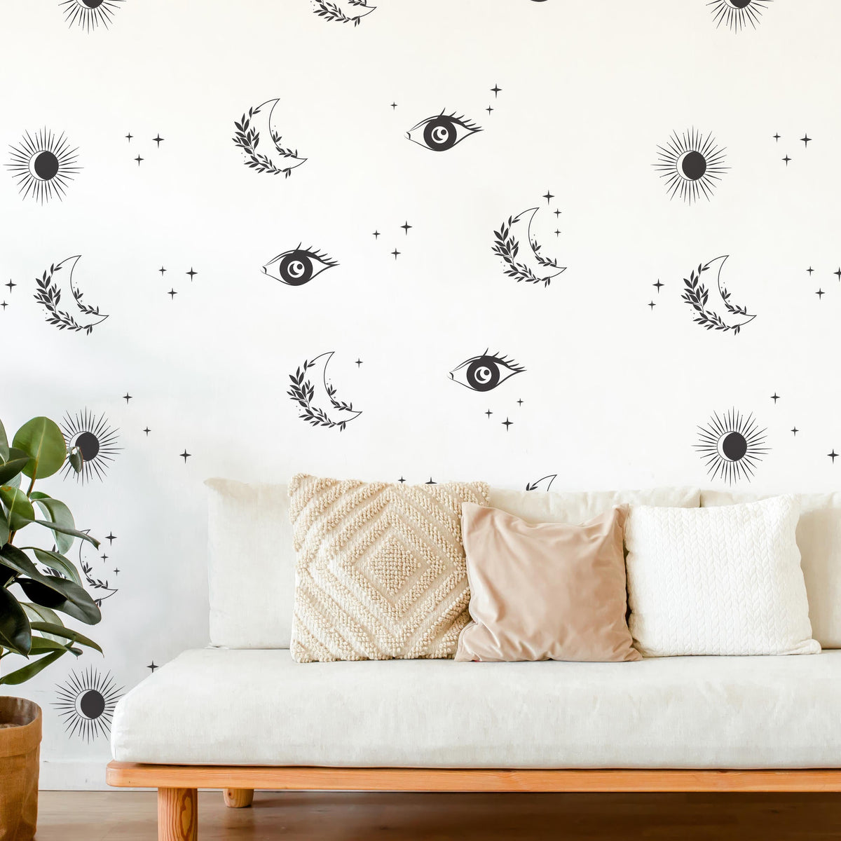 Boho Celestial Wall Decal Set styled in a room setting
