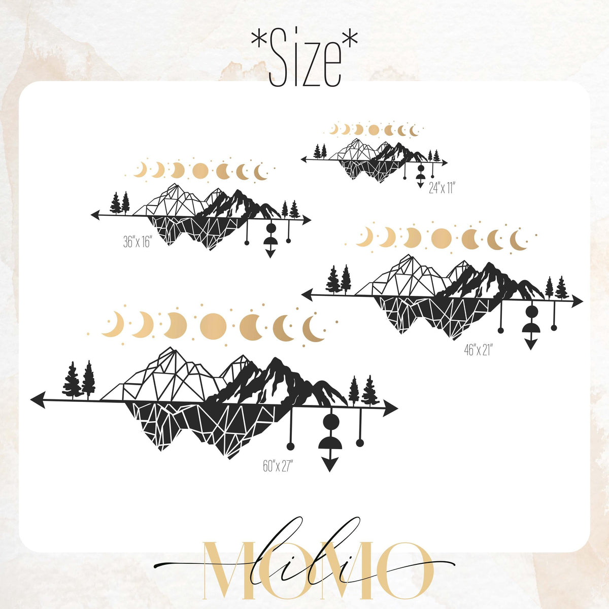 Close-up detail of boho mountain moon phase wall decal matte vinyl finish