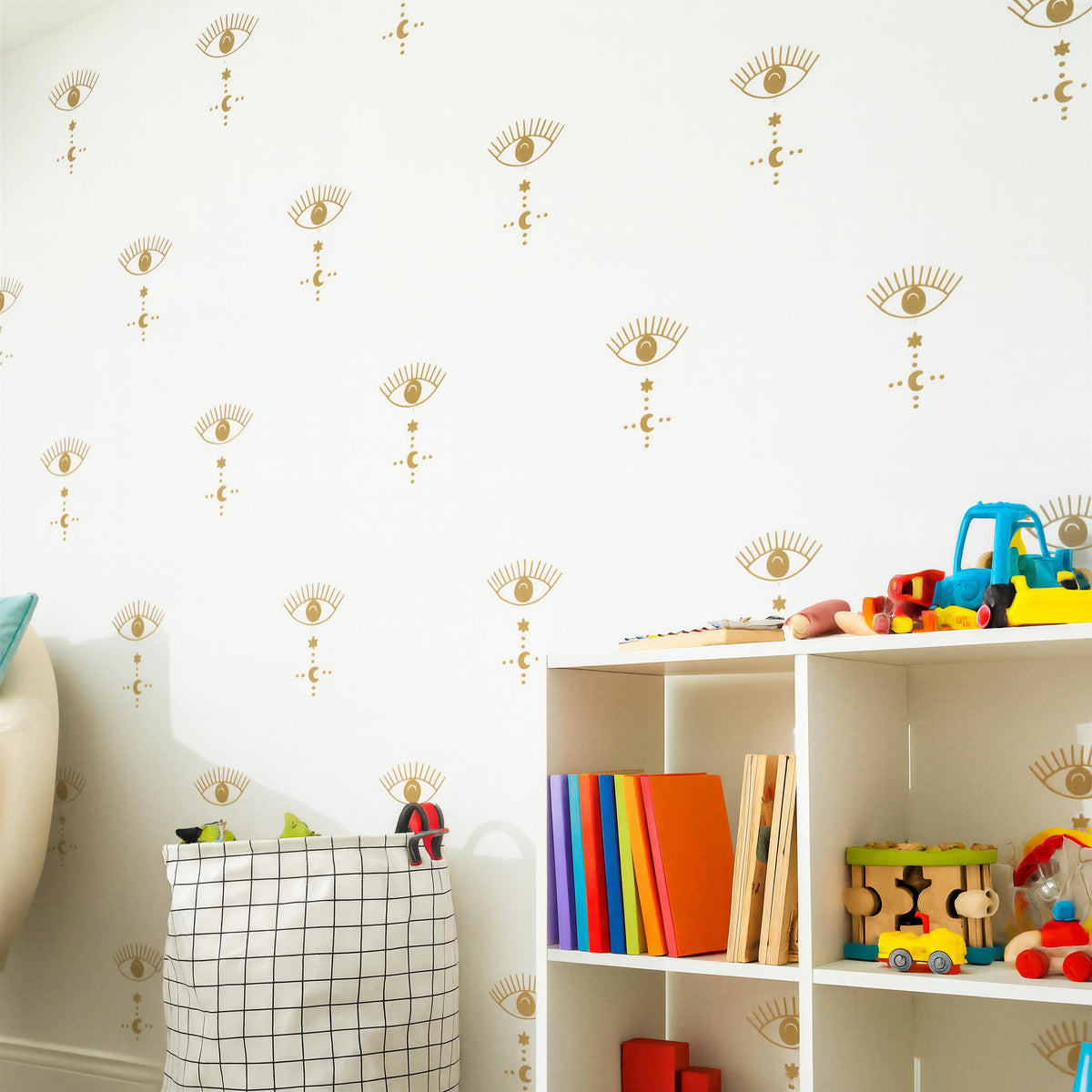 Boho Evil Eye Wall Decals installed on a styled wall