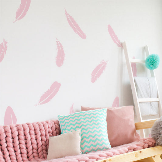 Boho Feather Wall Decals Set of installed on a styled wall