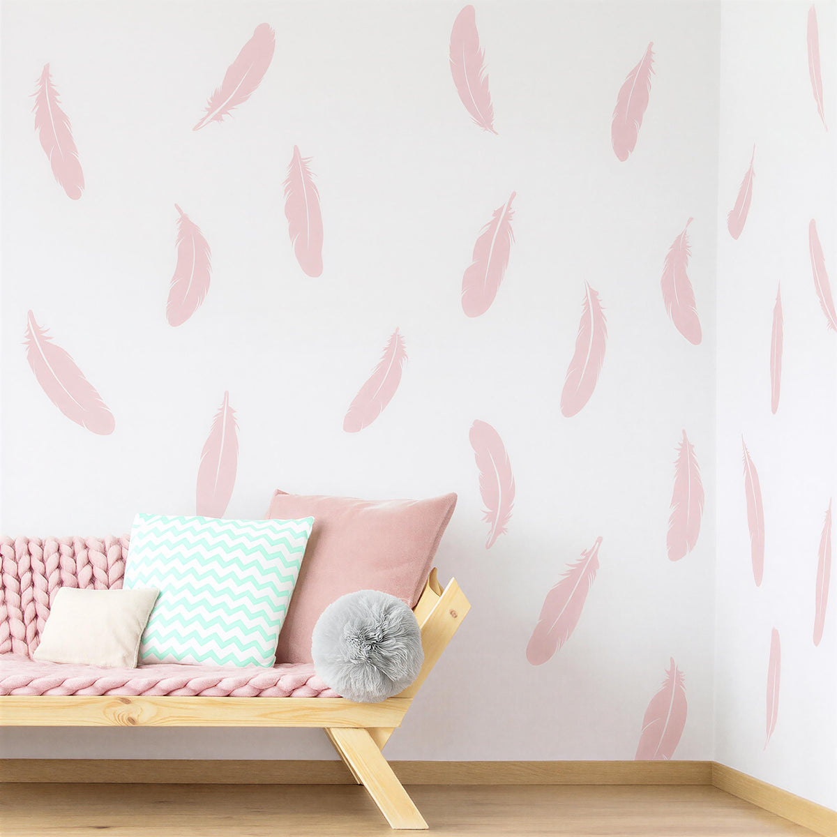 Boho Feather Wall Decals Set of shown in a home interior