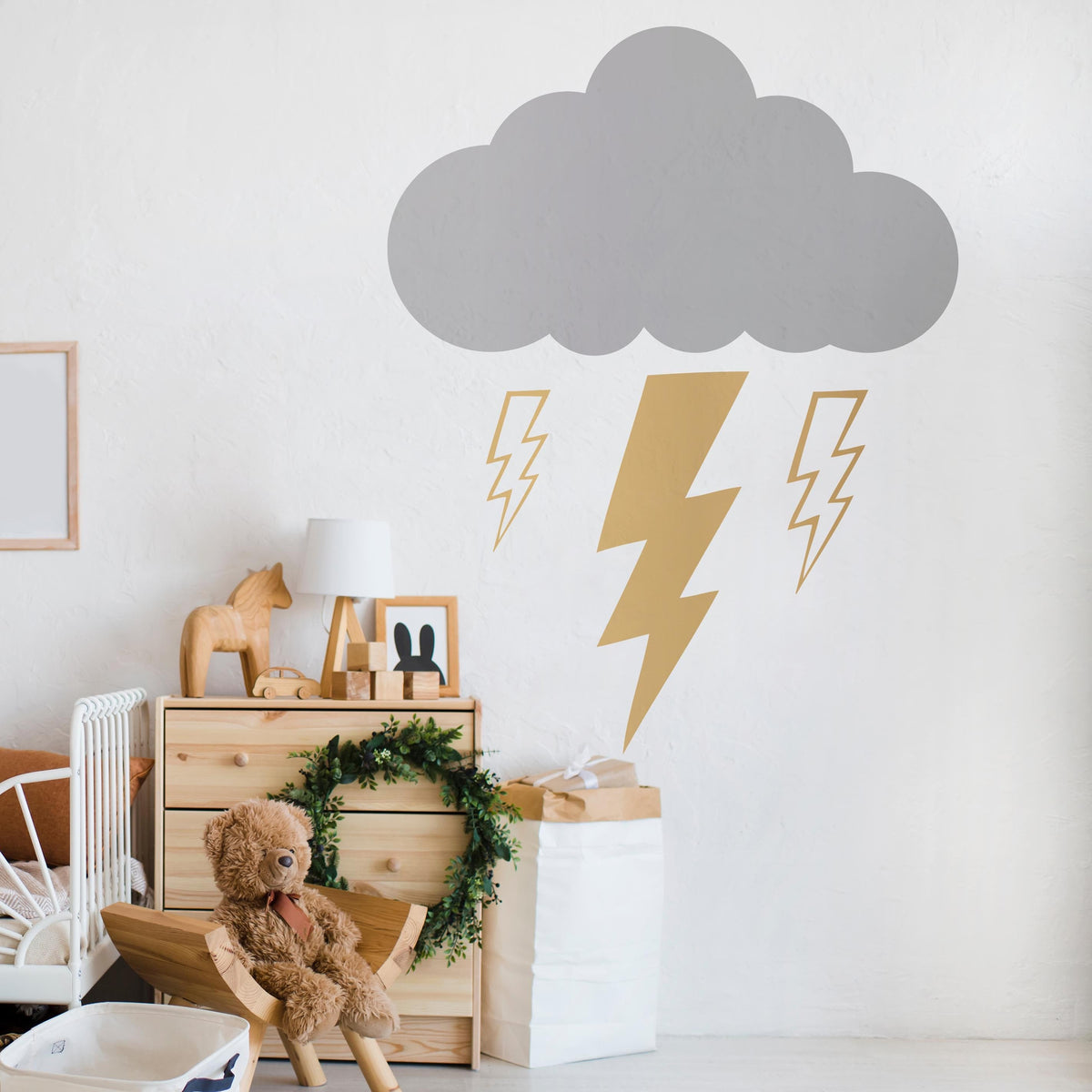 Storm Cloud & Lightning Wall Decal Set installed on a styled wall