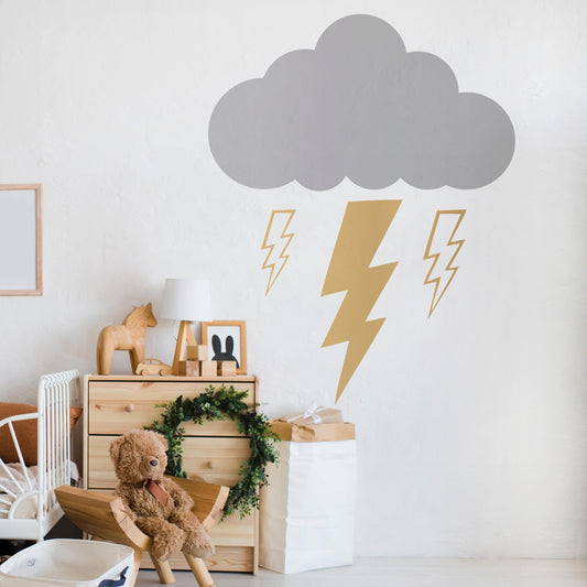 Storm Cloud & Lightning Wall Decal Set installed on a styled wall