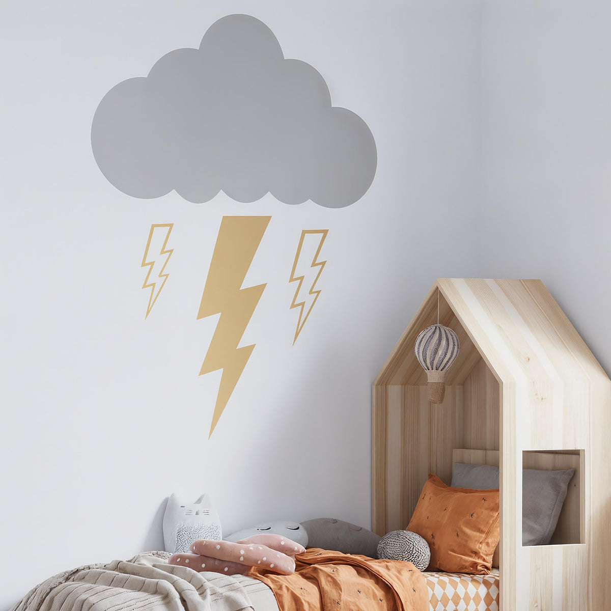 Storm Cloud & Lightning Wall Decal Set styled in a room setting