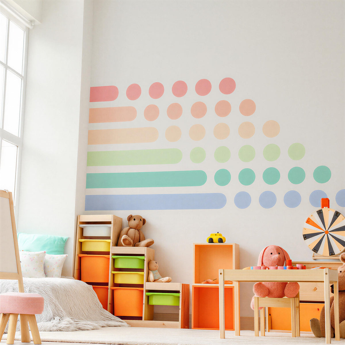 Pastel Rainbow Corner Wall Decal Set arranged on a feature wall