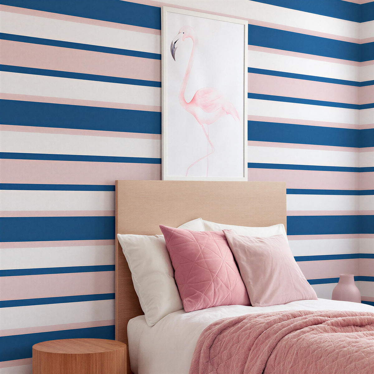Pink and Navy Stripe Wall Decals arranged on a feature wall