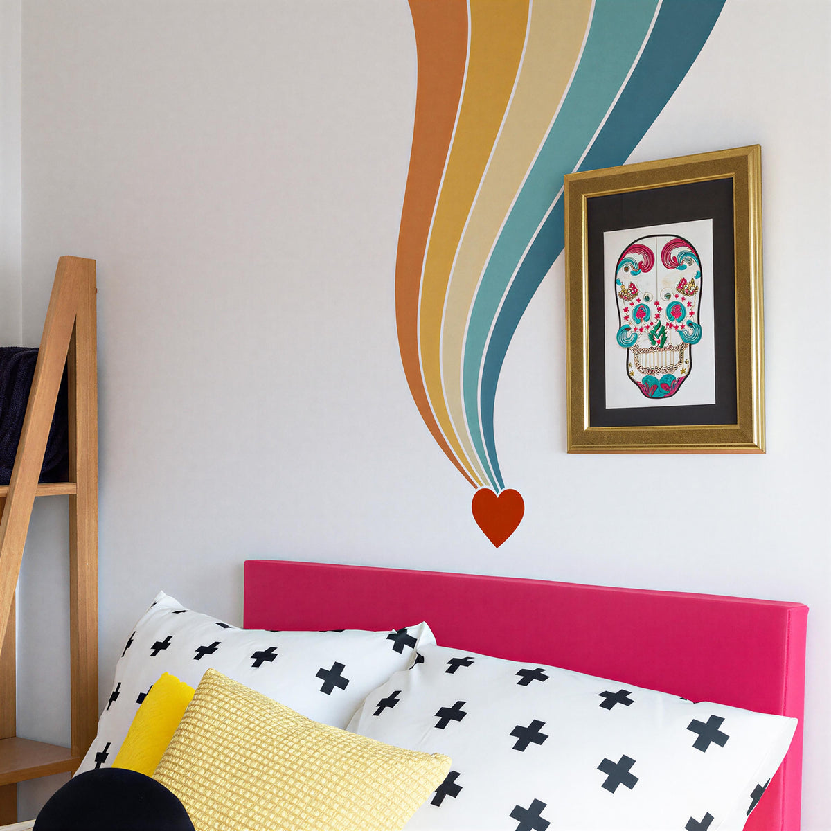 Retro Rainbow Corner Wall Decal with Heart shown in a home interior