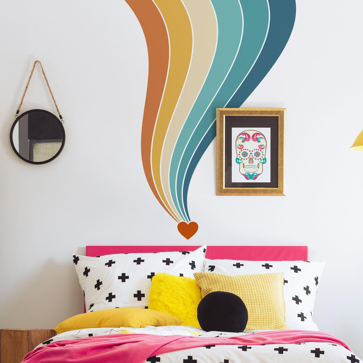 Retro Rainbow Corner Wall Decal with Heart styled in a room setting