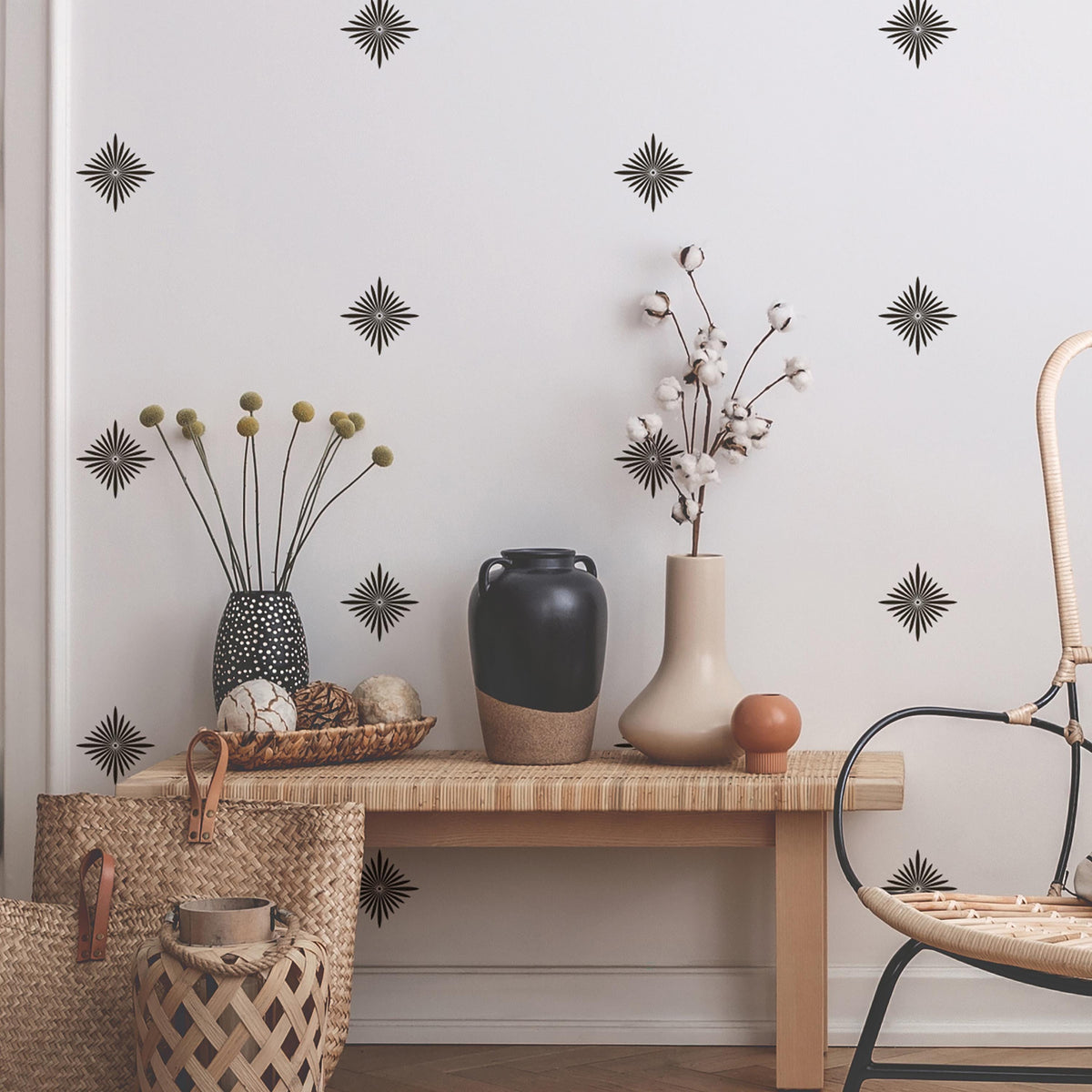 Mid Century Starburst Wall Decals shown in a home interior